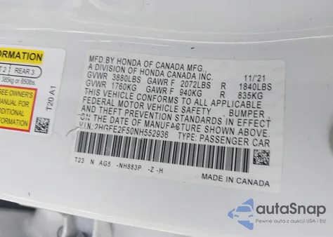 2022 Honda Civic Sport из США, поврежденный, VIN 2HGFE2F50NH552936